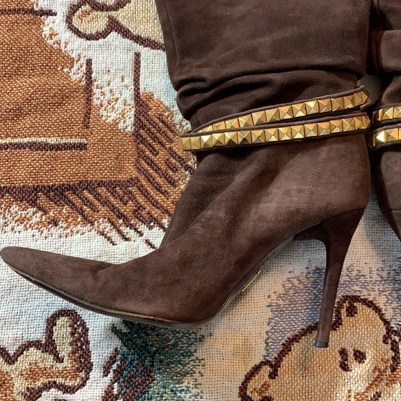 Vintage Iceberg Scrunchy Brown Suede Stiletto Boot gold stud wrap strap heel 8 - Picture 14 of 16
